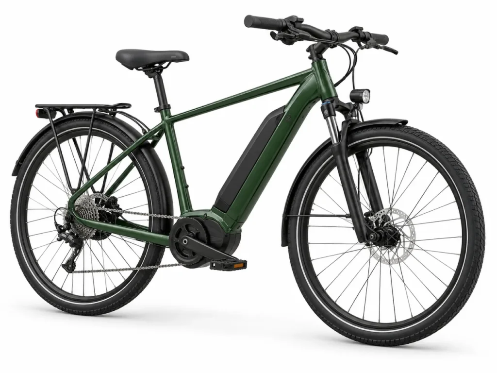 Generic forest-green electric bicycle on a white studio background
