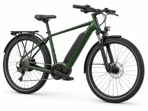 Generic forest-green electric bicycle on a white studio background