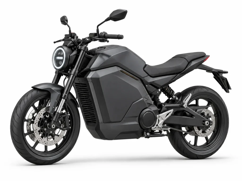 Generic graphite electric motorcycle on a white studio background