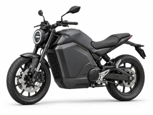 Generic graphite electric motorcycle on a white studio background