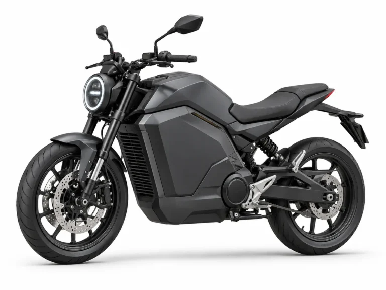 Generic graphite electric motorcycle on a white studio background