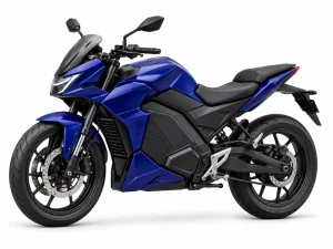 Generic indigo electric motorcycle on a white studio background