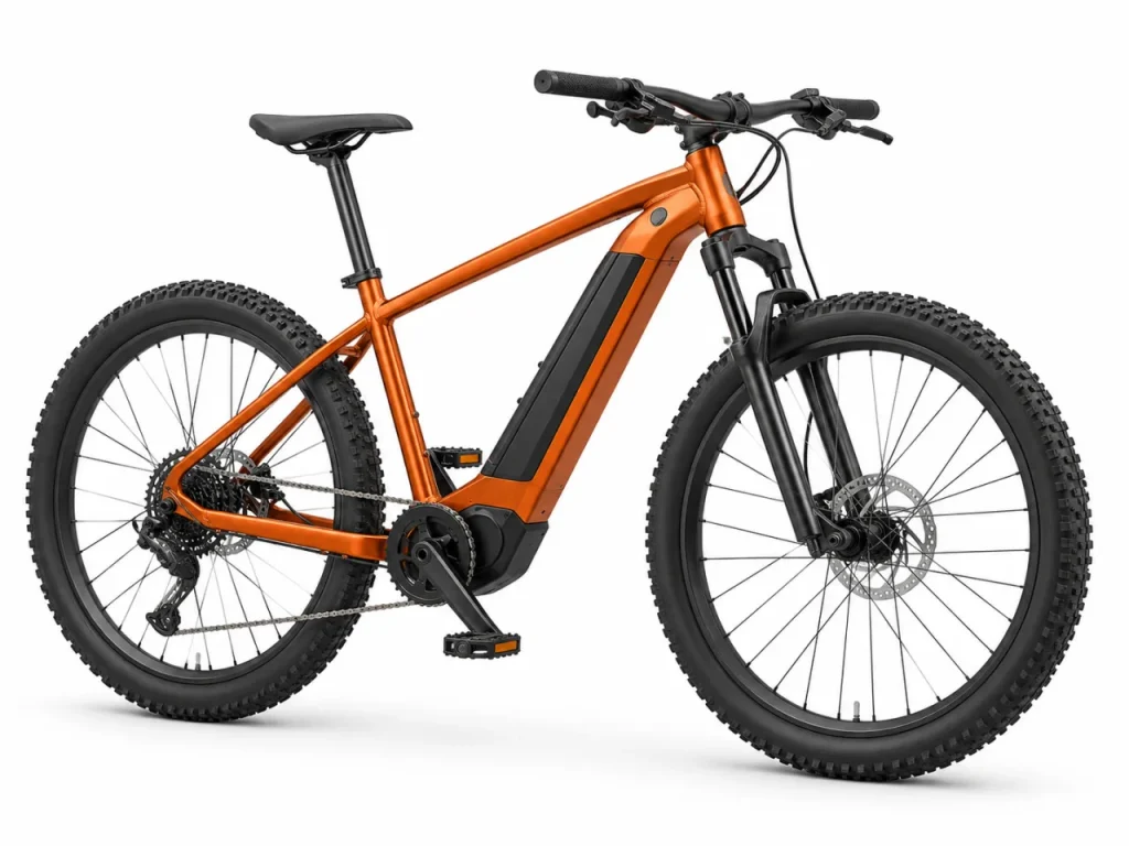 Generic orange electric bicycle on a white studio background