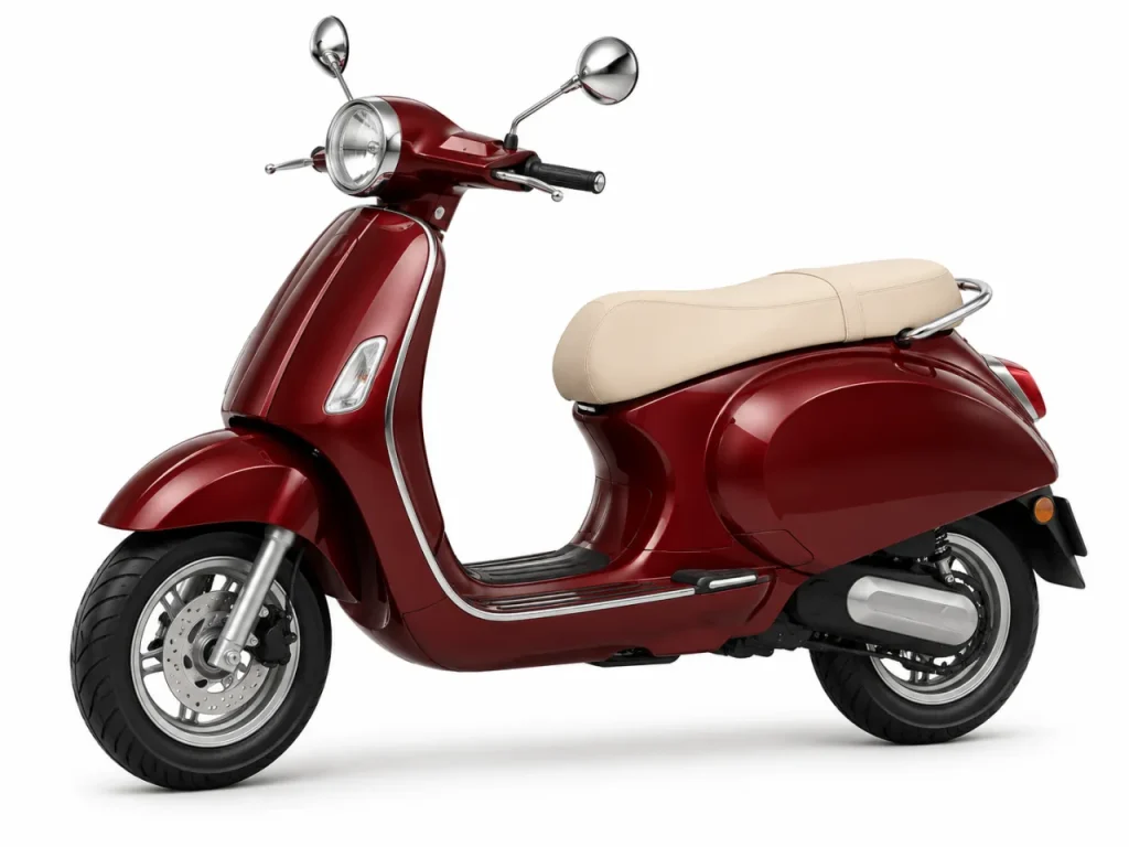 Generic burgundy electric scooter on a white studio background